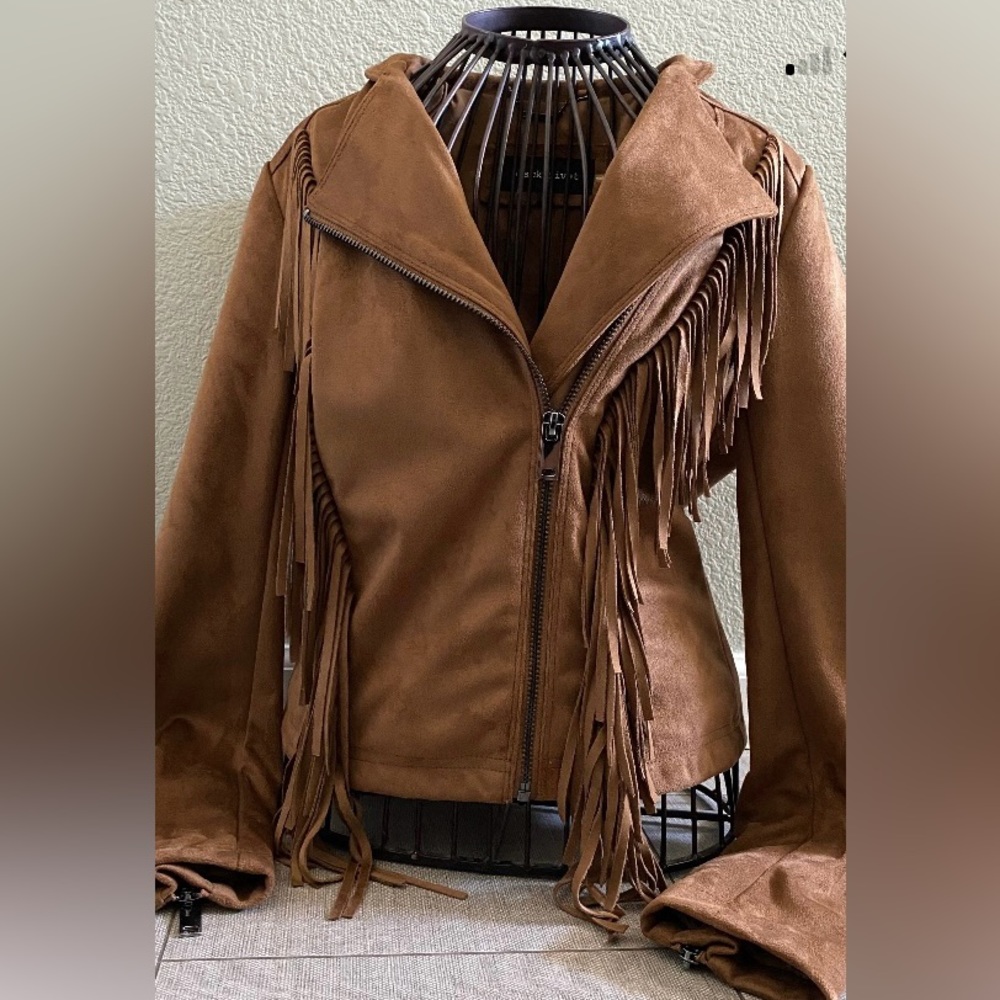 Black rivet western fringe faux leather Jacket